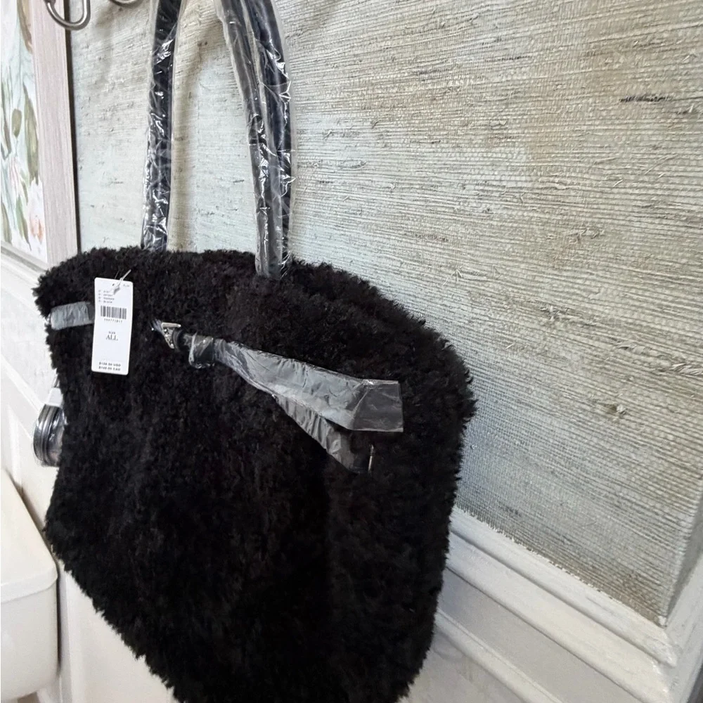 NWT new Anthropologie belted Sherpa tote bag crossbody black fuzzy